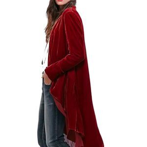 Urban Coco Velvet Cardigan Large Red Wine Long Asymmetric Chiffon Trim